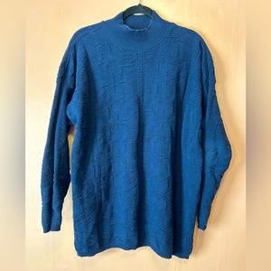 Vintage Mock Turtle Neck Dark Blue Sweater Knitted Geometric Design Made in USA